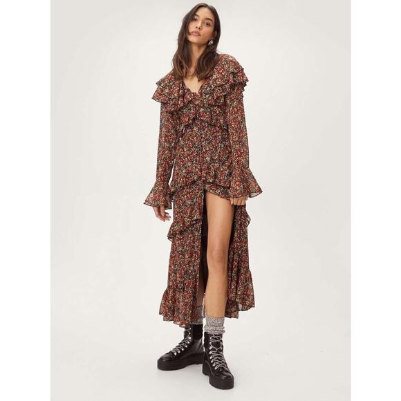 Nasty Gal Multicolor Floral Print Ruffle Tiered Long Sleeve Midi Maxi Dress 14 - Picture 1 of 9
